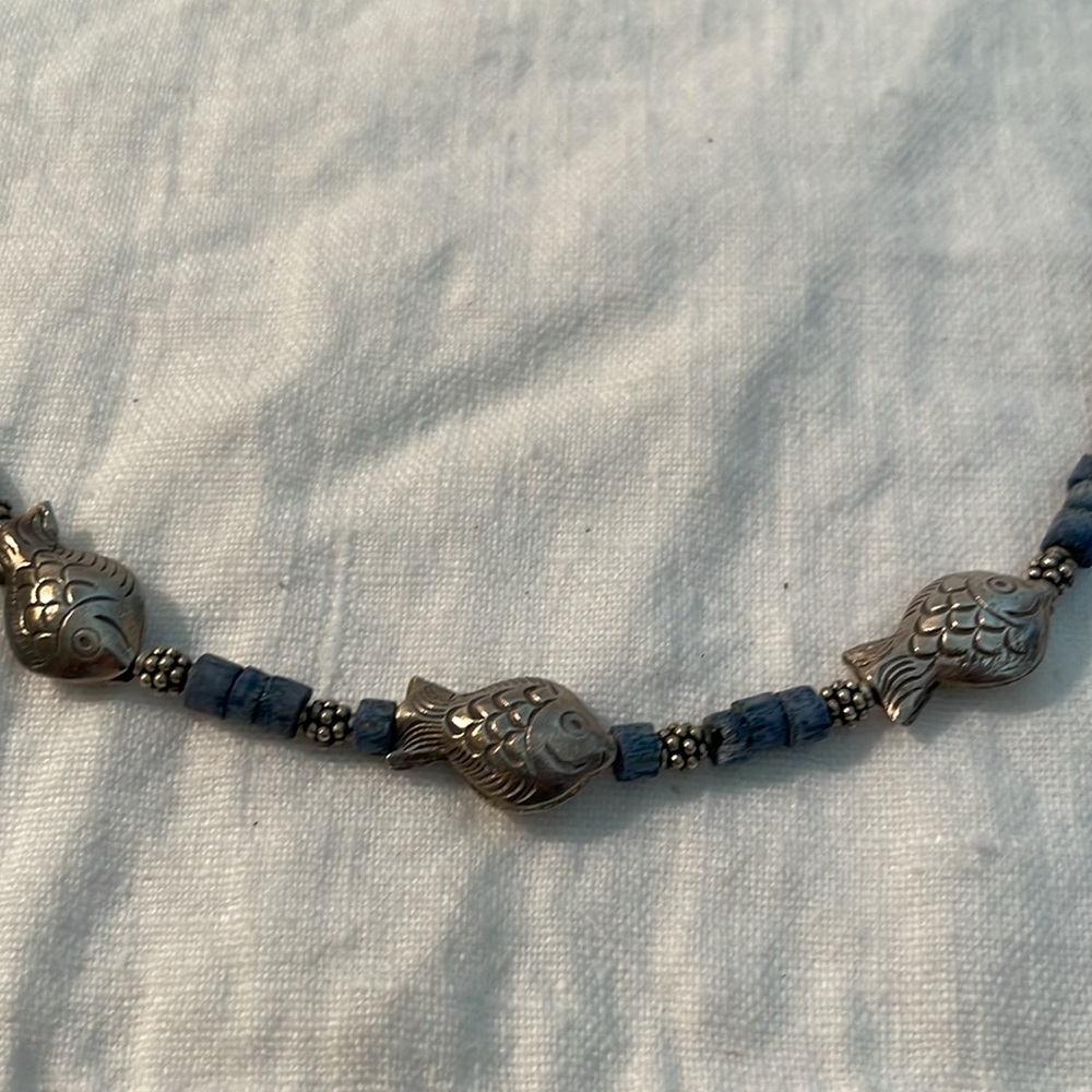 Blue Sponge Coral and Thai Silver Fish Necklace - Picture 3 of 4
